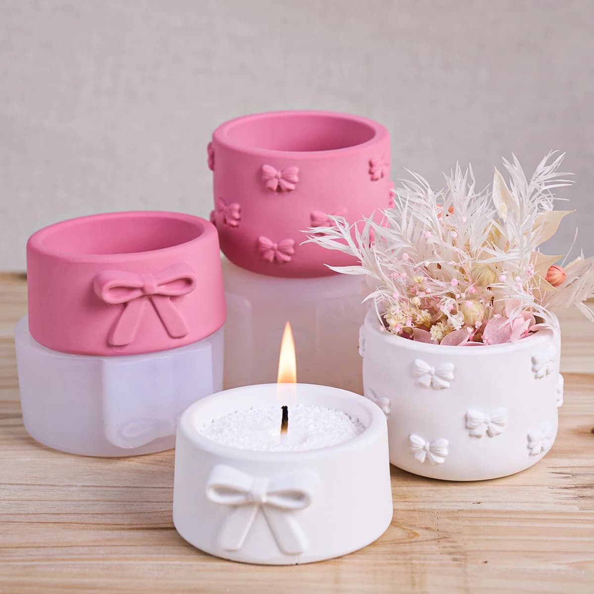 Stampo in silicone fai da te per barattolo portaoggetti a forma di fiocco, tazza rotonda per candele aromatiche, stampo per vaso di fiori in resina, strumento artigianale per decorazioni domestiche