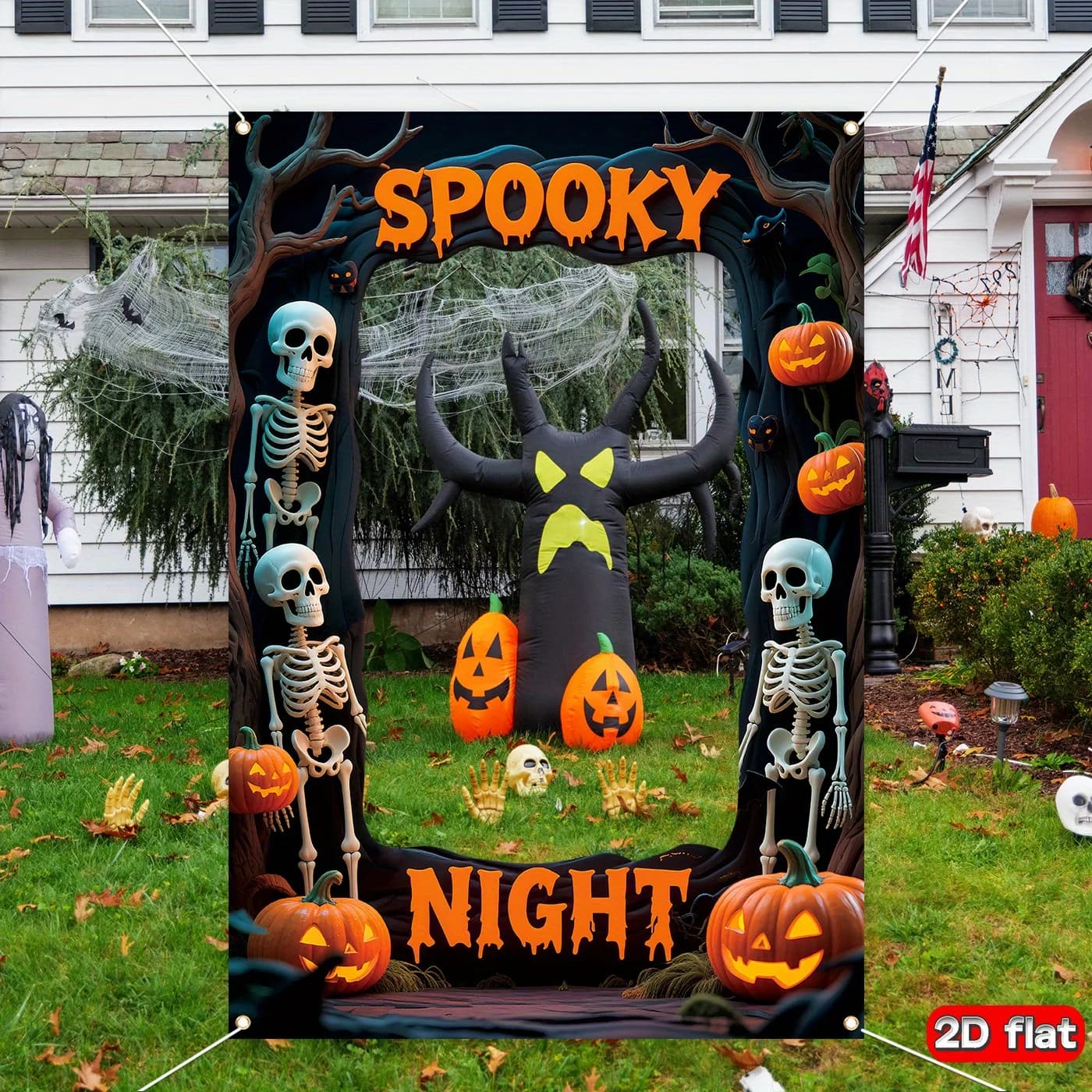 1pc 2D Flat Banner Halloween Themed Photo Frame Flag Polyester Photo Prop Skeleton for Man Pumpkin Halloween Party Backdrops