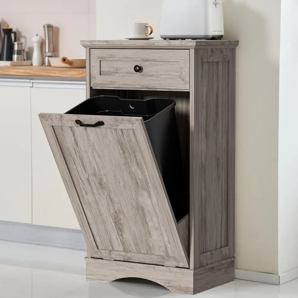 Mobiletto in Legno Grigio per Rifiuti e Riciclaggio con Coperchio Nascosto a Prova di Animale Domestico