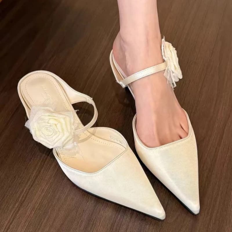 Eilyken Sexy Silk Slingback Pointed Toe Women Pumps Fashion Design Flowers Thin Heels Banquet Prom Shoes