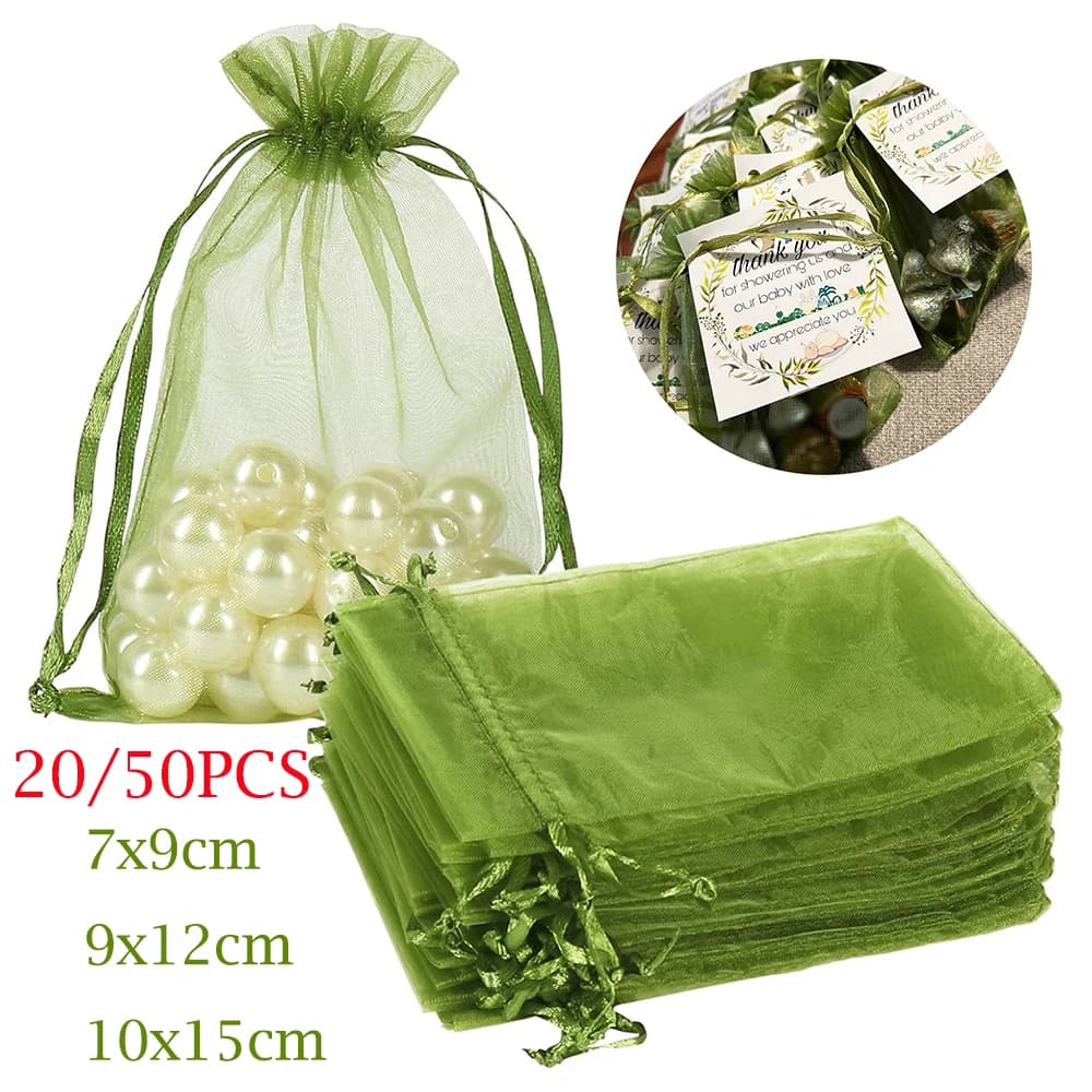 20/50pcs Sacchetti di organza verde oliva Sacchetti regalo gioielli bianchi Sacchetti di caramelle con coulisse Sacchetti di imballaggio per feste di nozze di Natale Borsa piccola