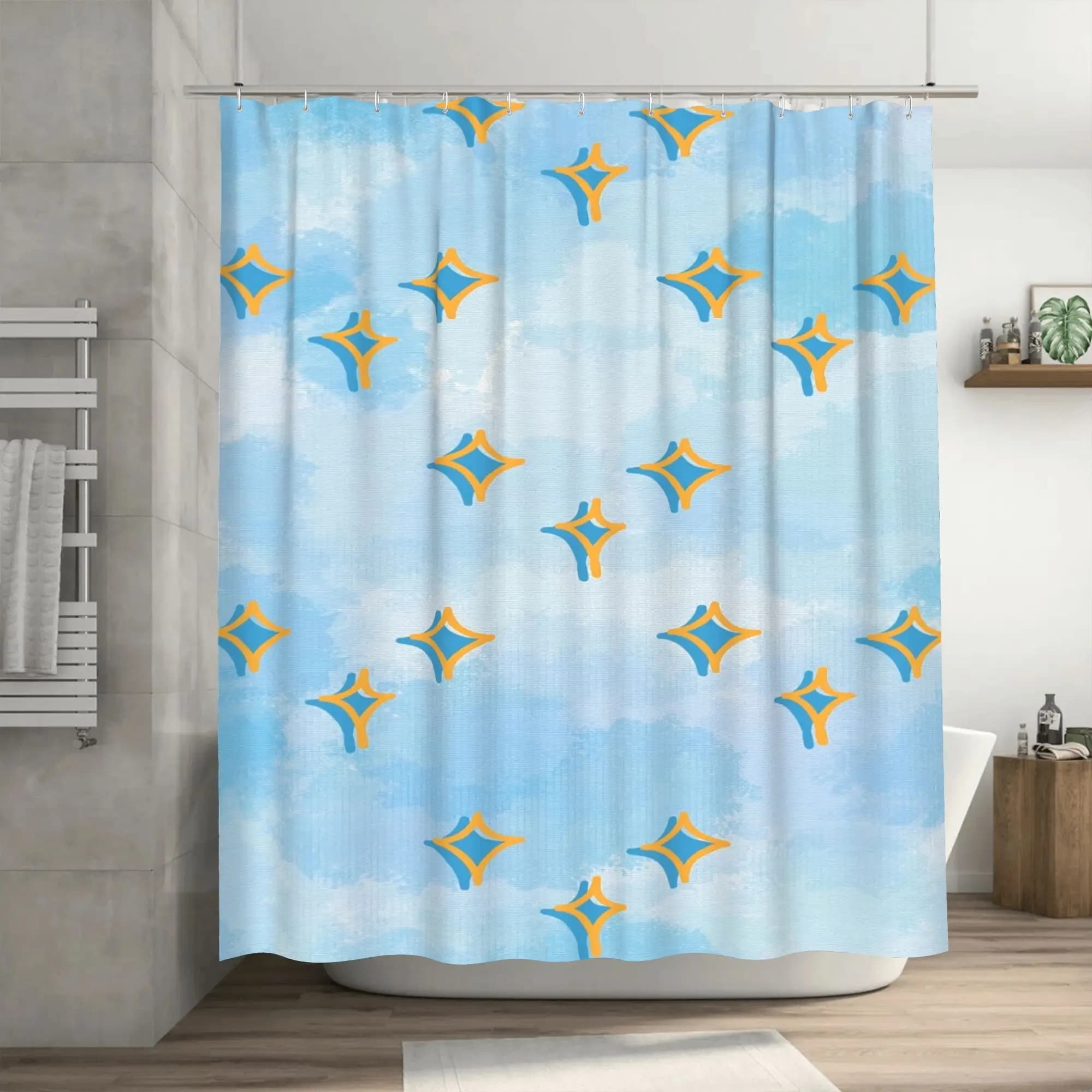 Tenda da doccia Blublink Notte stellata – Design galassia blu e gialla, arredamento bagno moderno lavabile in lavatrice