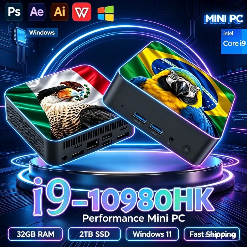 New 2026 Mexico Brazil Flag Pro Mini PC Core i9-10980HK 16GB RAM 2TB SSD WiFi6 BT5.2 4K Output for Office Gaming Compact Desktop