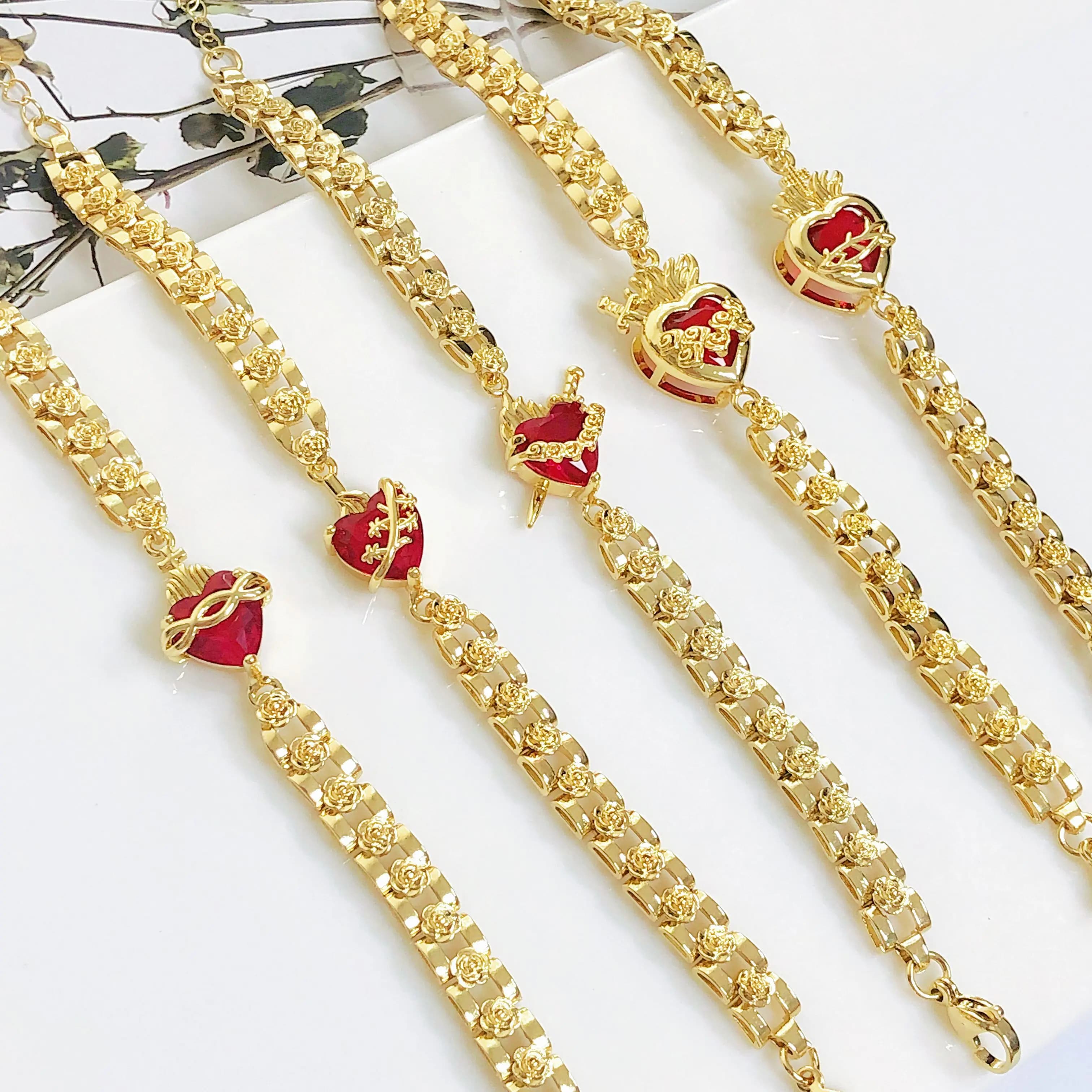 Bracciale placcato in oro con catena di fiori di rosa di cristallo a forma di cuore di nuova moda per le donne Gioielli femminili di nuova tendenza per feste, regalo di compleanno