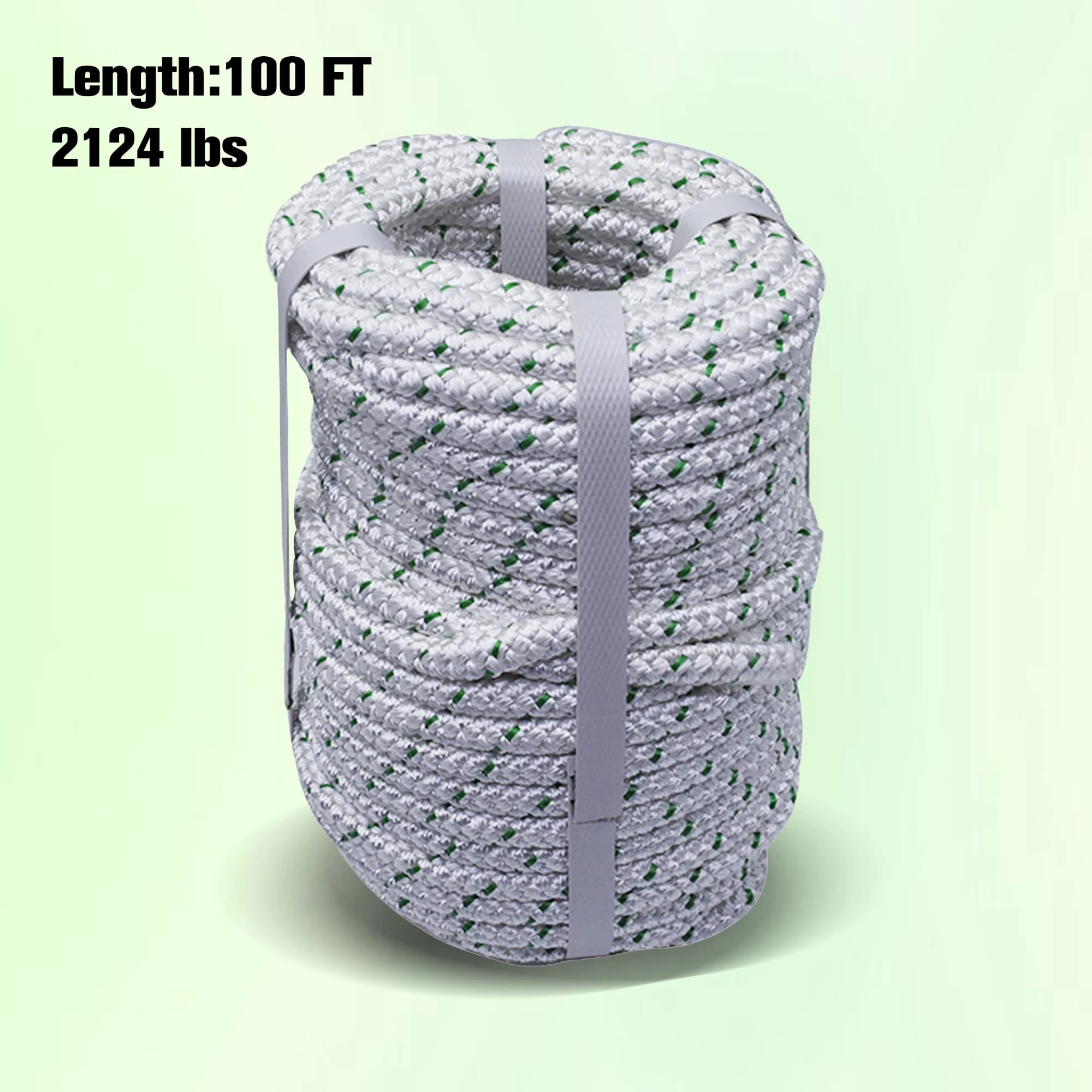 3/8 in X 100 ft. White-Green High-Strength Polyester Braided Rope with 2124 lbs. Maximum Pull, Tree Work Rope for Sailboat Camping and Horticultural Farm operations