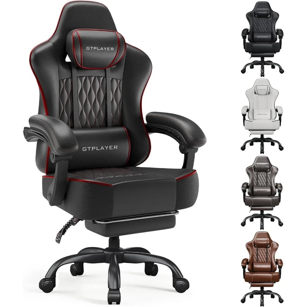Sedia da Gaming Grande e Alta con Poggiapiedi, Sedia Ergonomica da Ufficio con Cuscino Spesso, Seduta Larga Senza Braccioli in Pelle Nera e Rossa