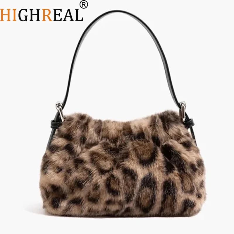 Borsa a Tracolla Leopardata alla Moda in Peluche Versatile per Uso Quotidiano Borse a Spalla in Ecopelliccia per Donne