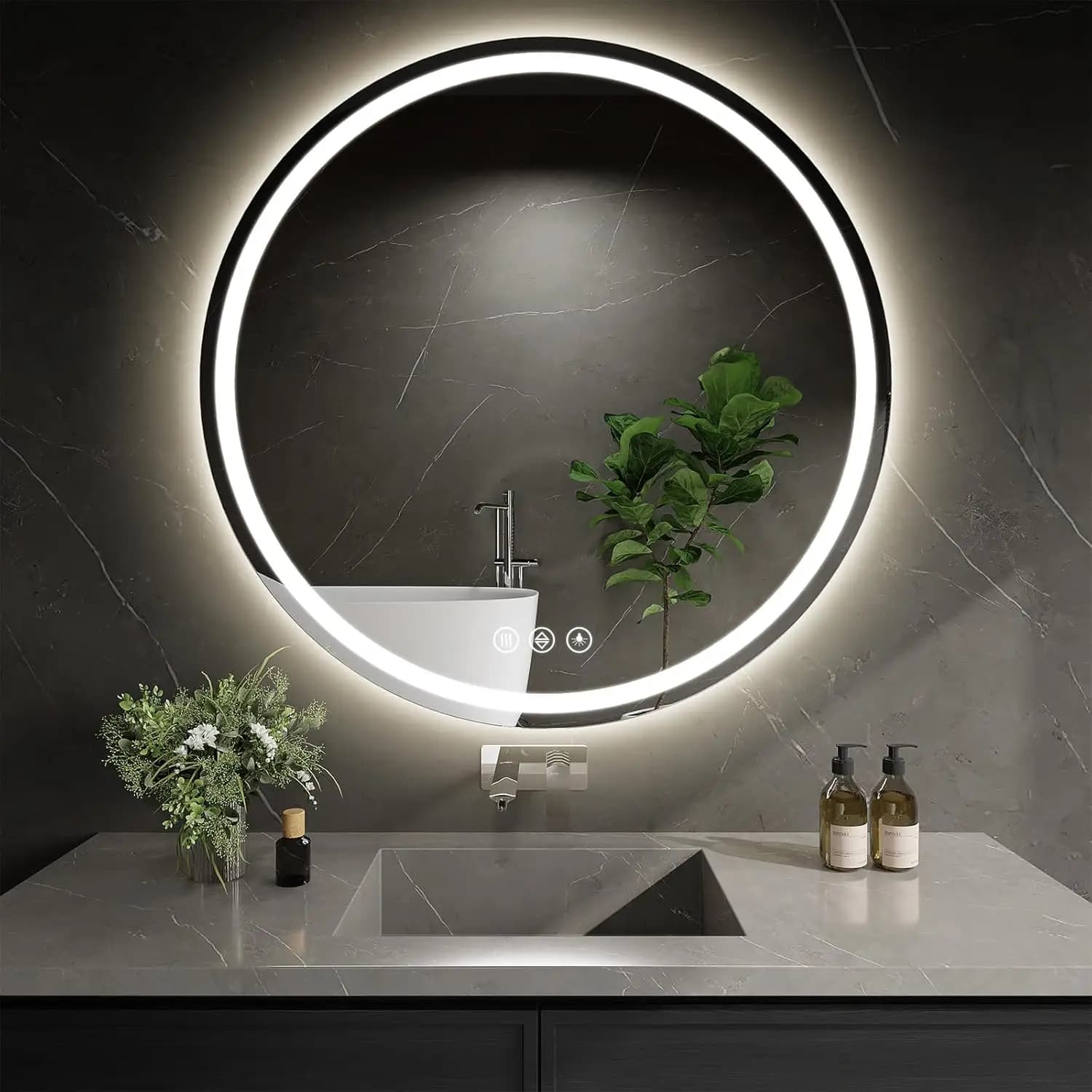 Specchio LED Rotondo da Bagno da 30 Pollici con Luci, Antiappannamento, Dimmerabile, Infrangibile, Montaggio a Parete