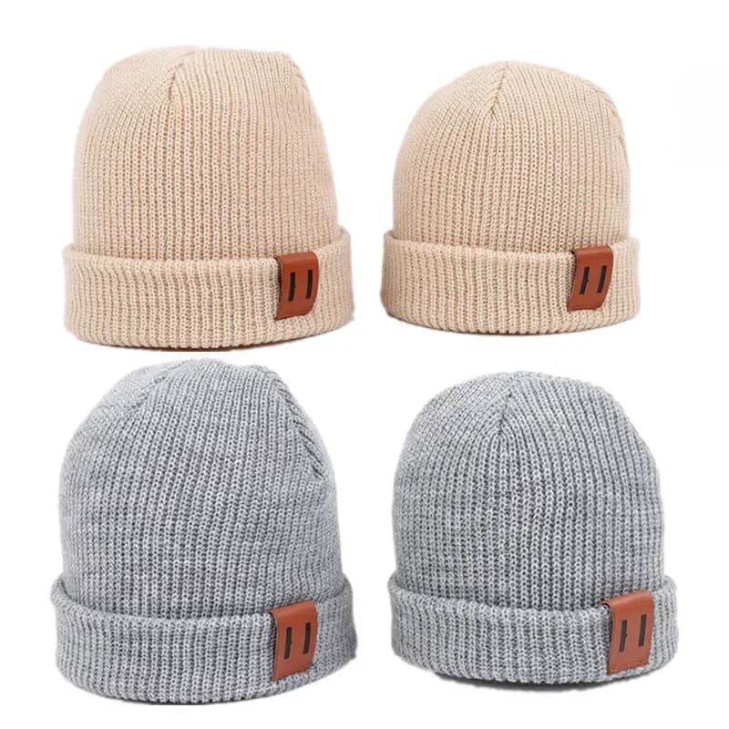 Cappello lavorato a maglia per bambini per ragazzi e ragazze Autunno Inverno Caldo berretto per bambini Bambini adulti Cappelli genitore-figlio Berretto per neonato con etichetta in pelle