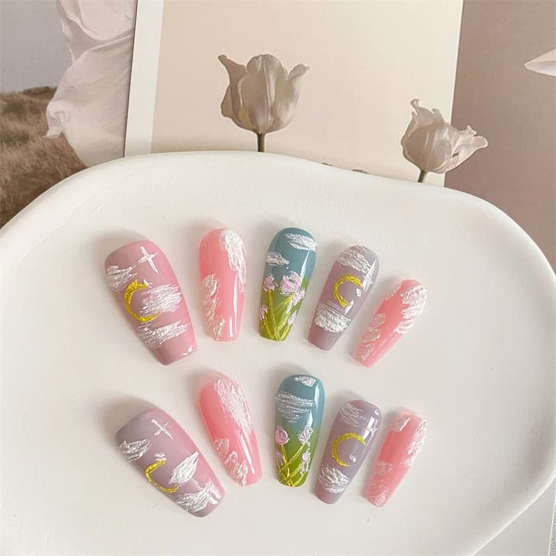 Oil Painting Handmade Press on Nails Design Cute Fake Nails Design Butterfly Moon Stars Wearable Adhesive Women False Nail Tips