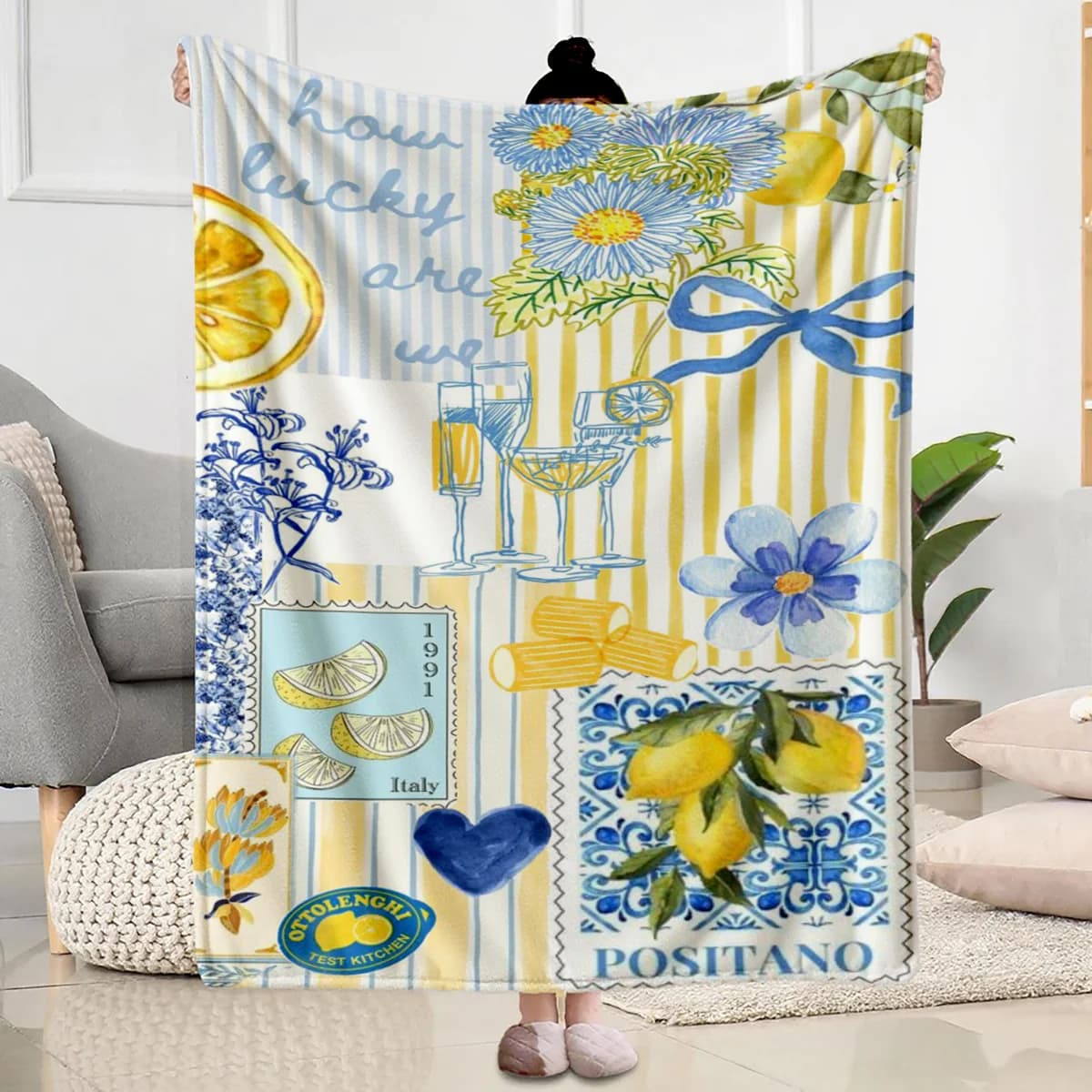 Lovely Pink Striped Pattern Blankets Warm Cozy Sofa Throw Blanket Cute Lemon Graphic Room Decor Bed Nap Bedspread Blanket Hot