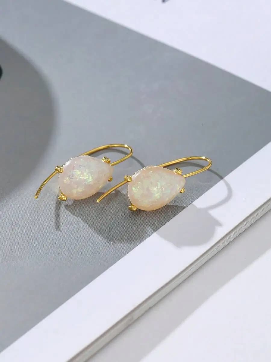 Elegant Teardrop-Shaped Synthetic Opal Dangle Earrings In Gold-Tone Hook Setting, Boho Vintage Fashion Jewelry For Adults