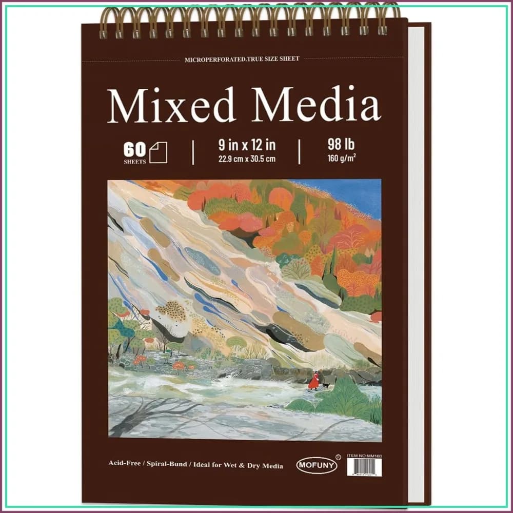 9x12 Mixed Media Sketchbook, 160gsm, 60 Sheets, Spiral Bound, Hardcover, for Art Supplies