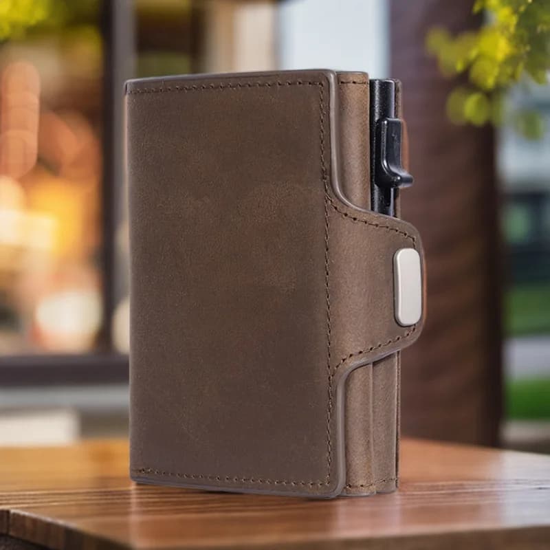 Portafoglio da Uomo Anti-RFID in Vera Pelle con Apertura Automatica per Carte di Credito e Tasca Portamonete – Borsellino Trendy da Business