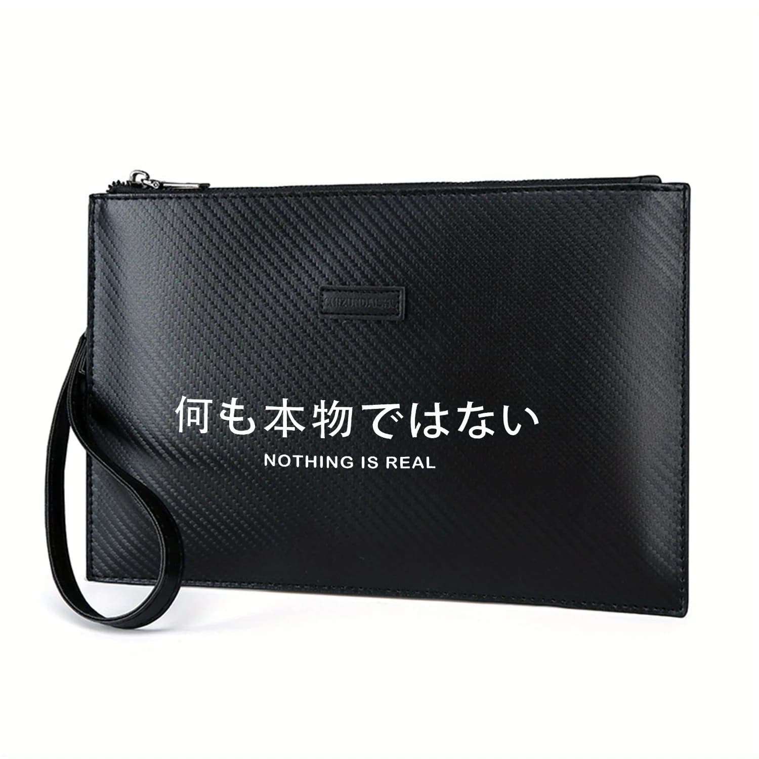 Testo giapponese, frase inglese su sfondo scuro Elegante borsa da uomo in PU stampata Alla moda e pratica per il trasporto quotidiano