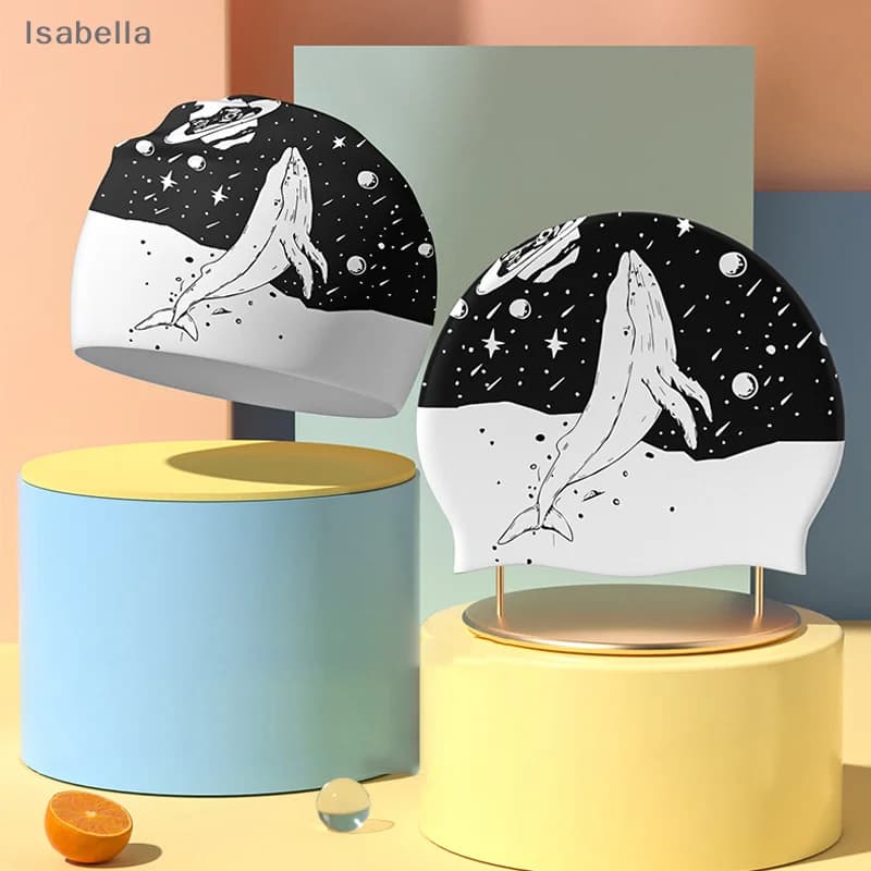 ♥ ♥ Silicone swim cap with shark print, waterproof and comfortable for long-haired women, professional swimming head