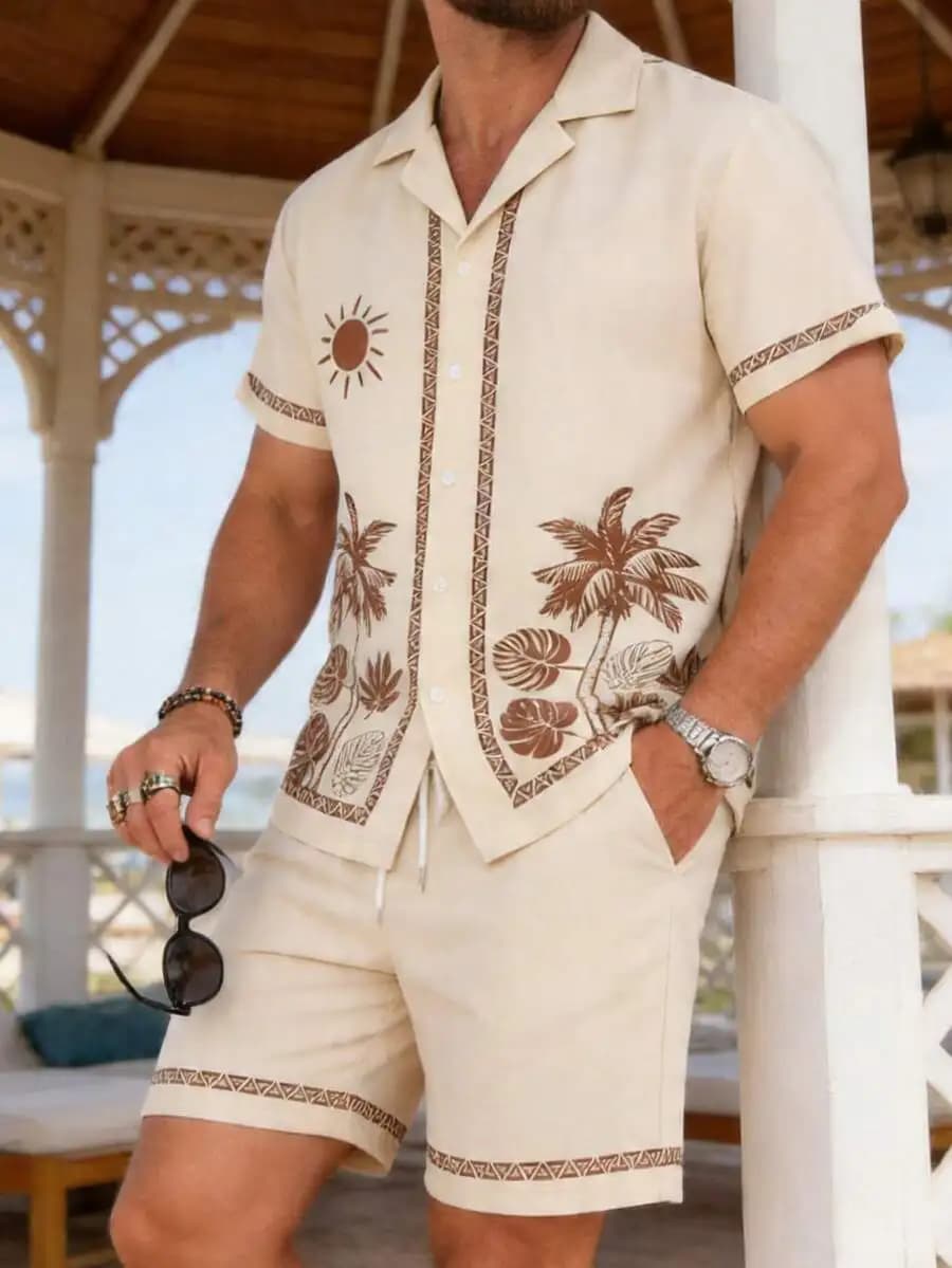 Men's Casual Fashion Loose Fit Short Sleeve Graphic Print Top & Shorts 2-Piece Set, Vacation Leisure Style, Versatile