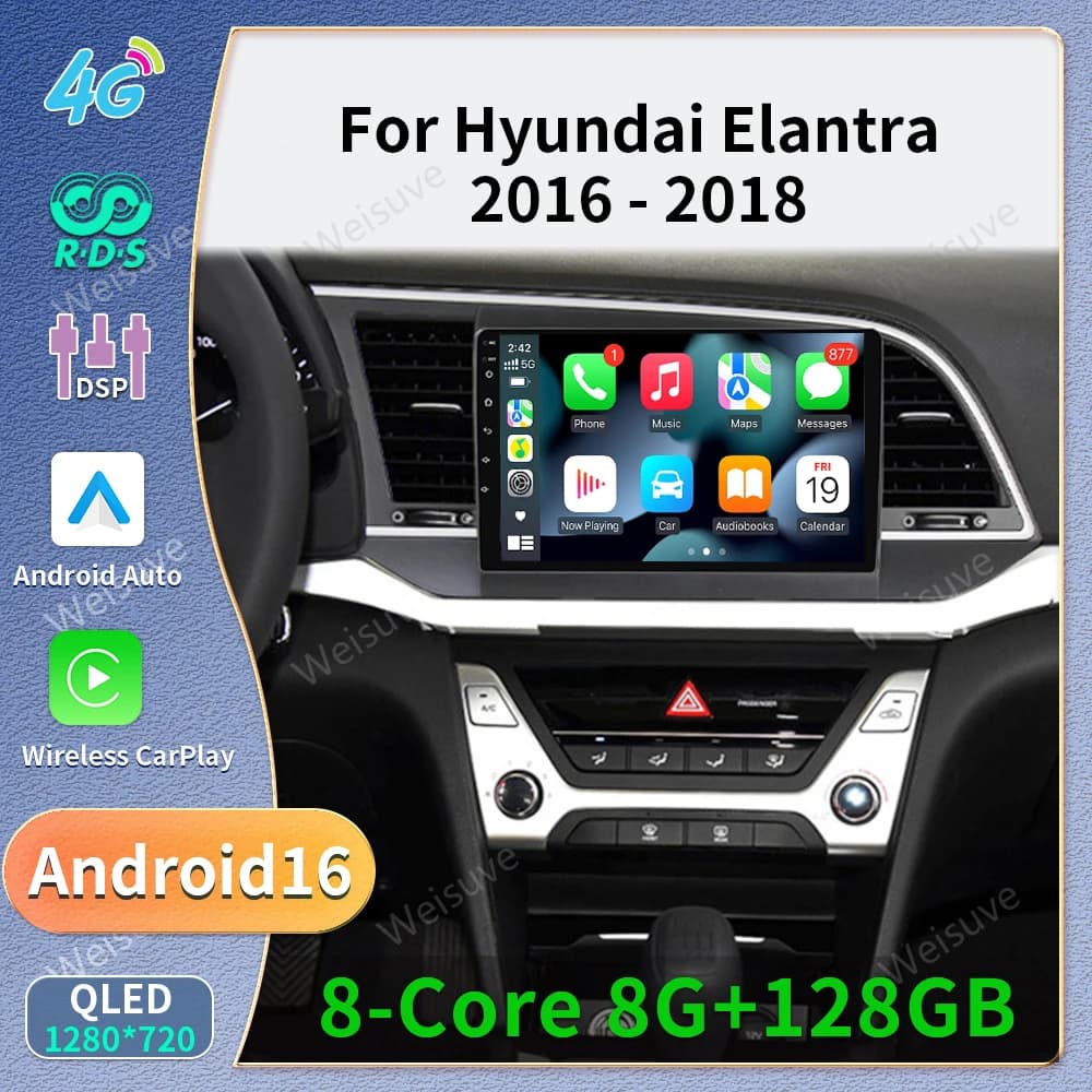 Car Radio Android 16 For Hyundai Elantra Avante AD 2015 ~ 2021 2016-2018 Head Unit GPS DSP 5G LTE QLED Multimedia DVD