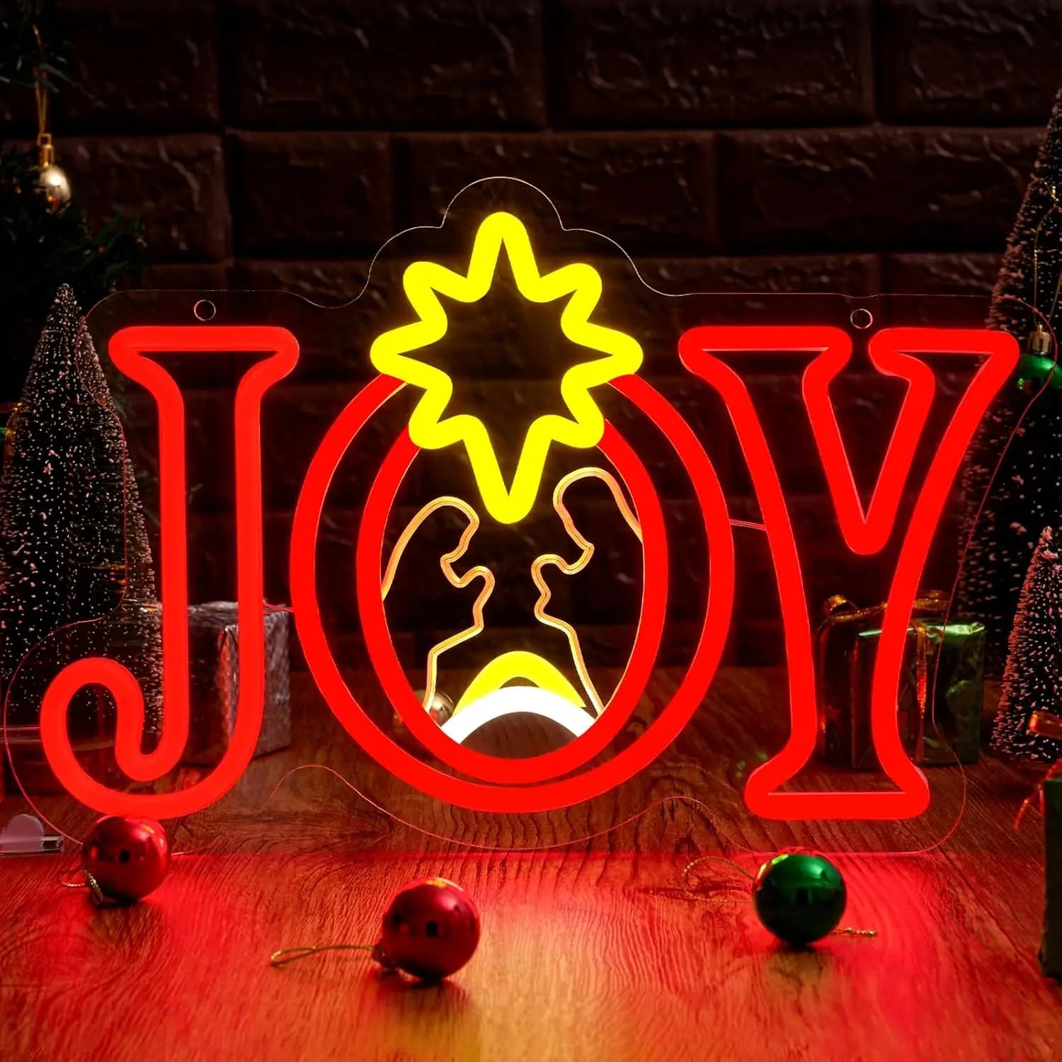 Insegna al neon di Natale LED Joy Luce al neon religiosa Dimmerabile Joy Natività per finestra Natale Casa Camera da letto Decorazione da appendere all'albero da parete
