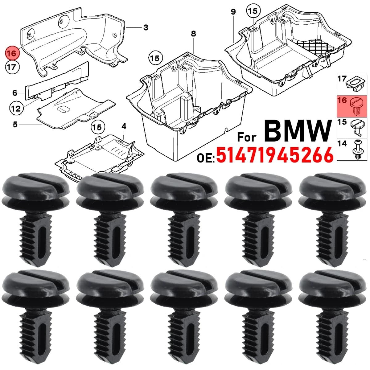 10 clip per rivestimento del bagagliaio del coperchio della batteria del cruscotto del coperchio del bagagliaio 51471945266 Per BMW E30 E91 E93 M3 E36 E46 E60 X3 E60 M5 E32 E83