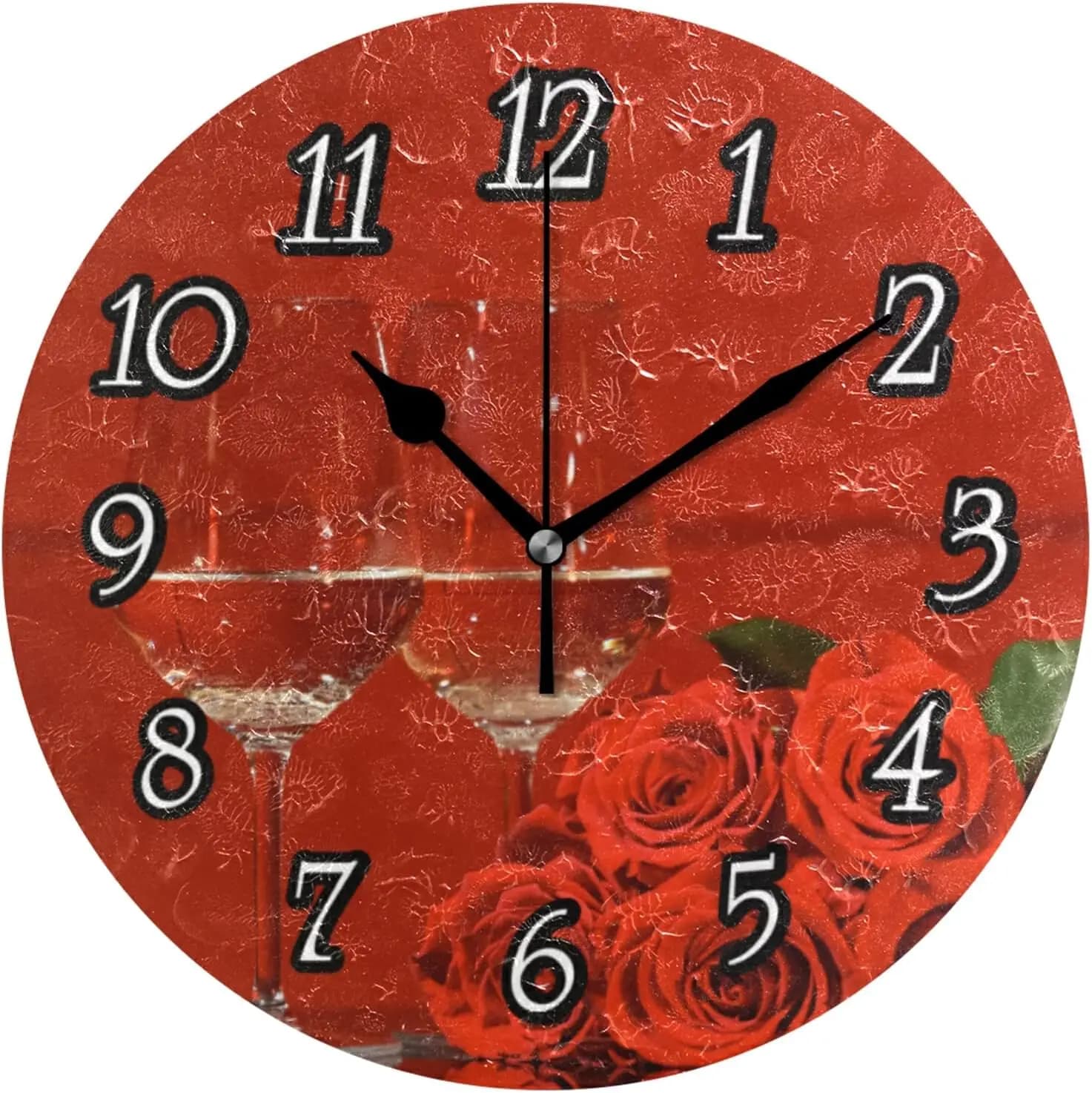 Valentine's day champagne glasses, pink flowers with green leaves on red wall clock, silent, without ticking, decorative round easy to read W