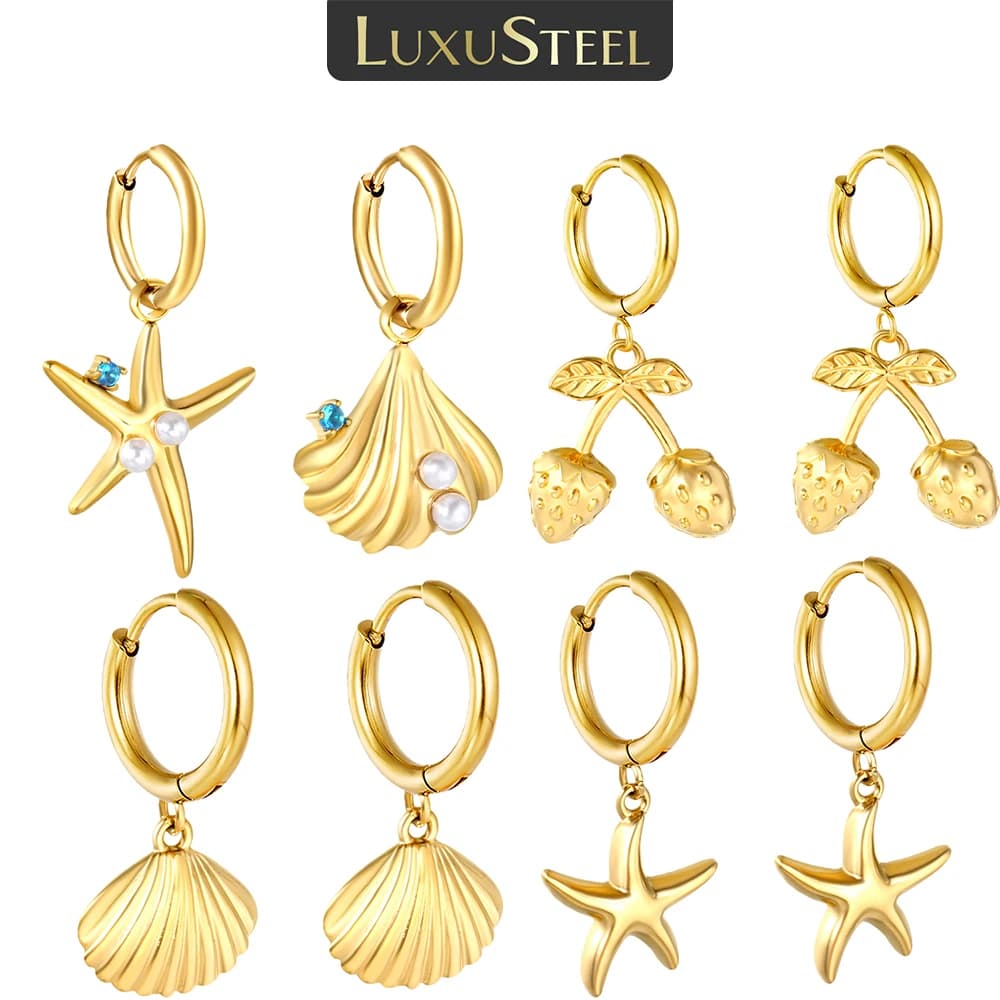 Orecchini a Cerchio LUXUSTEEL con Perle Imitate e Fragole per Donna, in Acciaio Inossidabile con Conchiglie e Stelle Marine, Gioielli da Donna, Regalo per Feste