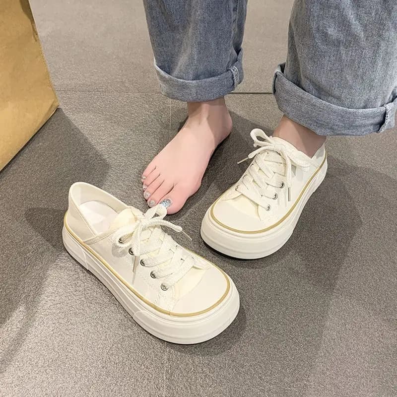 2023 fall new women's canvas shoes korean style chic round sole soft sneakers white casual shoes breathable with laces