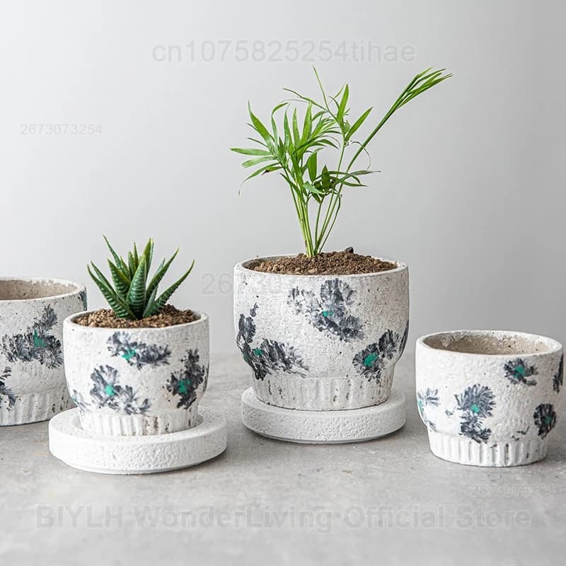 Retro Small Flower Pot New Ink Feng Shui Clay Flower Pot Succulent Simulation Green Plant Utensils Home Decoration Pendulum
