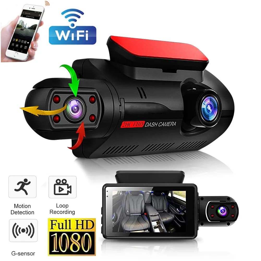 Dash Cam a doppia lente per auto Black Box HD 1080P Videoregistratore per auto con WIFI Visione notturna G-sensor Registrazione in loop Dvr Telecamera per auto