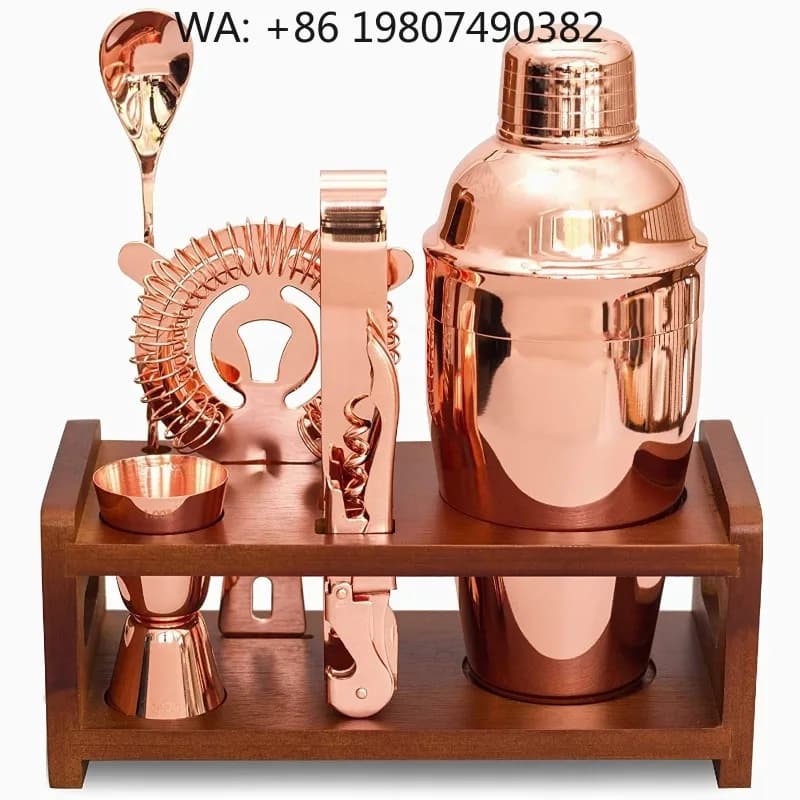 7-pcs Rose Gold Boston Cocktail Shaker Kit, Stainless Steel Luxury Bartender Tools With Bamboo Stand Bar Party Supplie