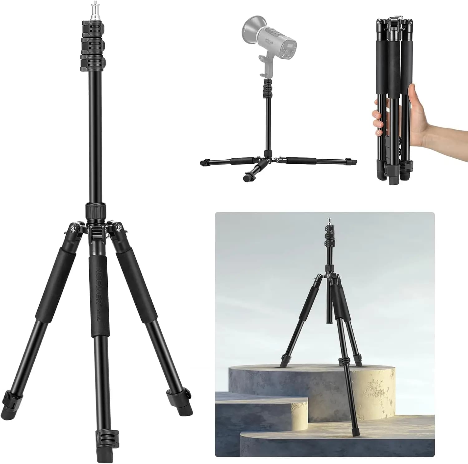 Supporto per Luci Regolabile in Alluminio, Treppiede Portatile da 1.5-6.4ft per Fotocamera e Telefono con Vite da 1/4'', Carico Massimo 2kg
