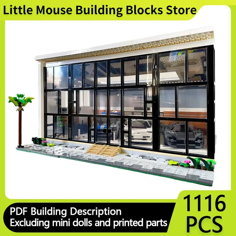 Street View Modello MOC Mattoni da costruzione Supercar Showroom Parcheggio per auto Tecnologia modulare Regalo Vacanza Assemblare Giocattoli per bambini Vestito