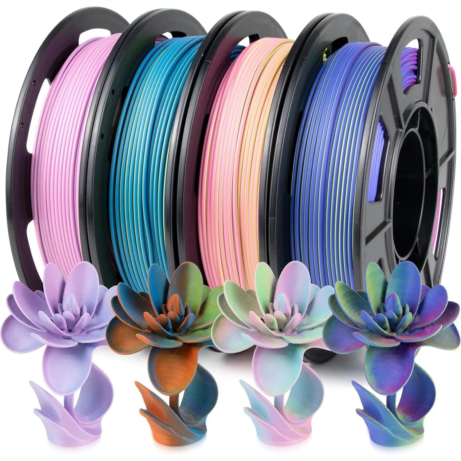 Set di Filamenti per Stampante 3D, PLA+ Tricolore Arcobaleno 1.75mm, 250g*4 Bobine per Stampanti FDM