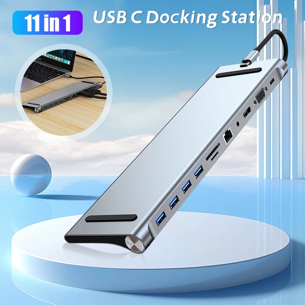 Hub USB C 11 in 1 con Triplo Display, HDMI 4K, VGA, Ethernet, Compatibile con MacBook Pro/Air, Dell, HP, Surface, Lenovo, ASUS