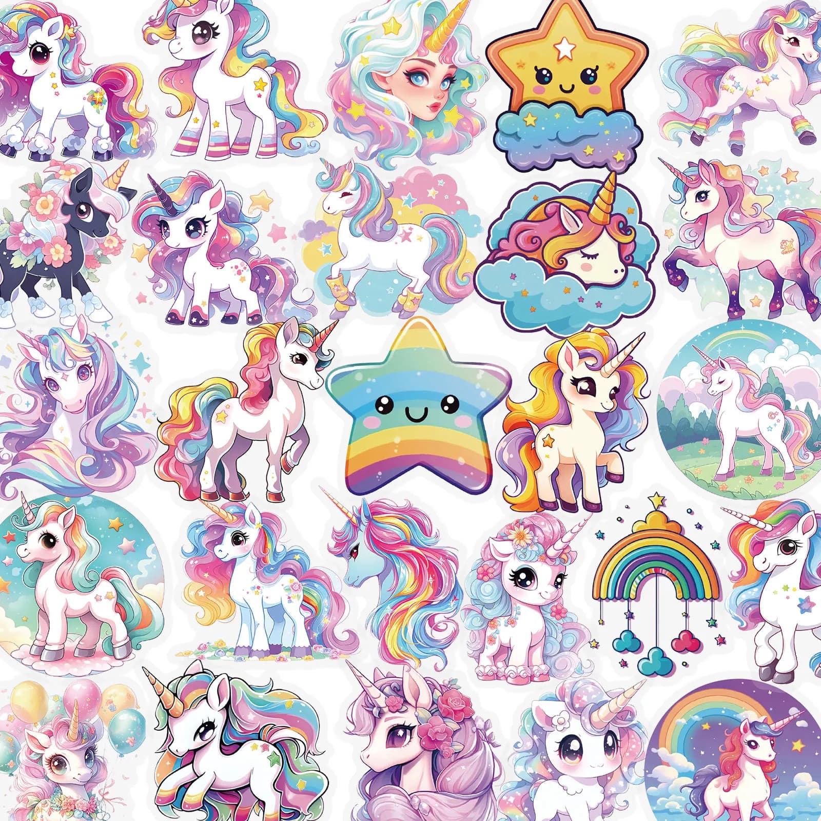 56/112 Pezzi Adesivi Trasparenti in PET con Unicorno Carino, Cavallo Arcobaleno da Fiaba, per Tablet, Cancelleria, Quaderni, Impermeabili