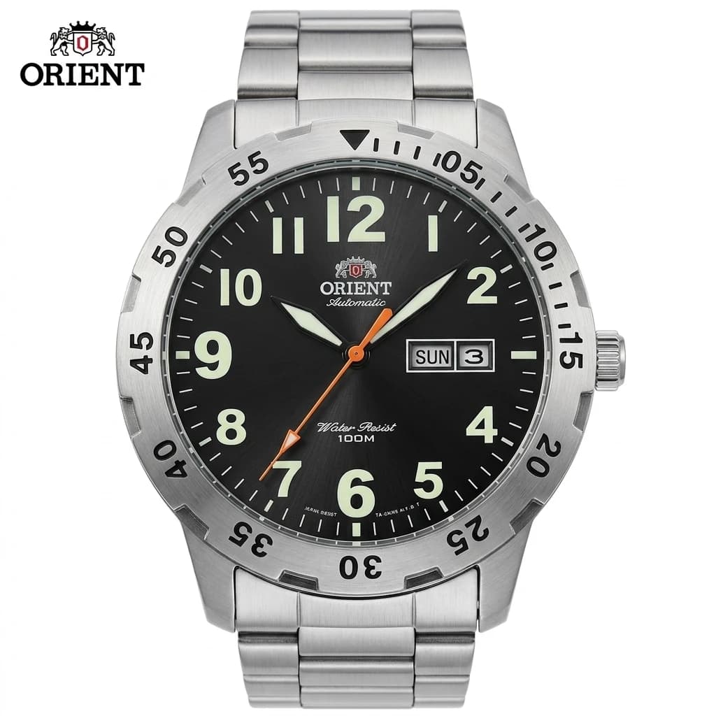 Orient Mens Sports Automatic Mechanical Watch 100M Water Resistant Dual Day Date Luminous Stainless Steel Wristwatch
