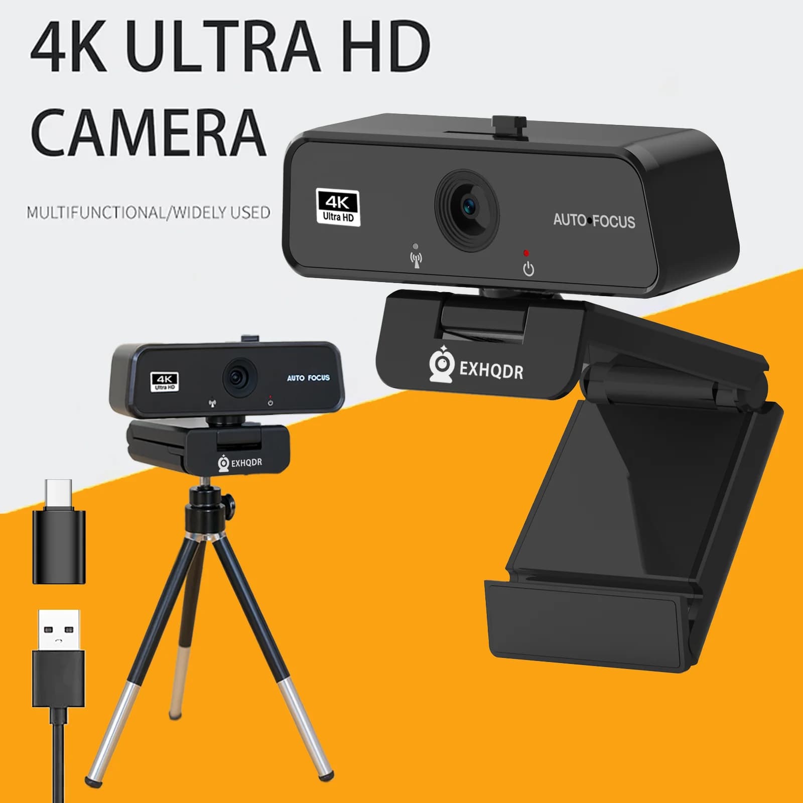 EXHQDR True 4K Ultra HD Webcam with Fast Autofocus, USB & Type-C Plug and Play Camera for High-Quality Meetings and Content Crea