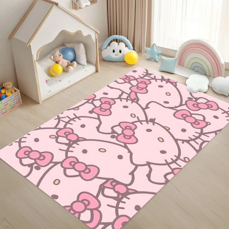 Cute Kawaii Cartoon Style Pink Background Hello Kitty Head Bow Repeat Pattern Non Slip Soft Bedroom Play Area Floor Rug Mat