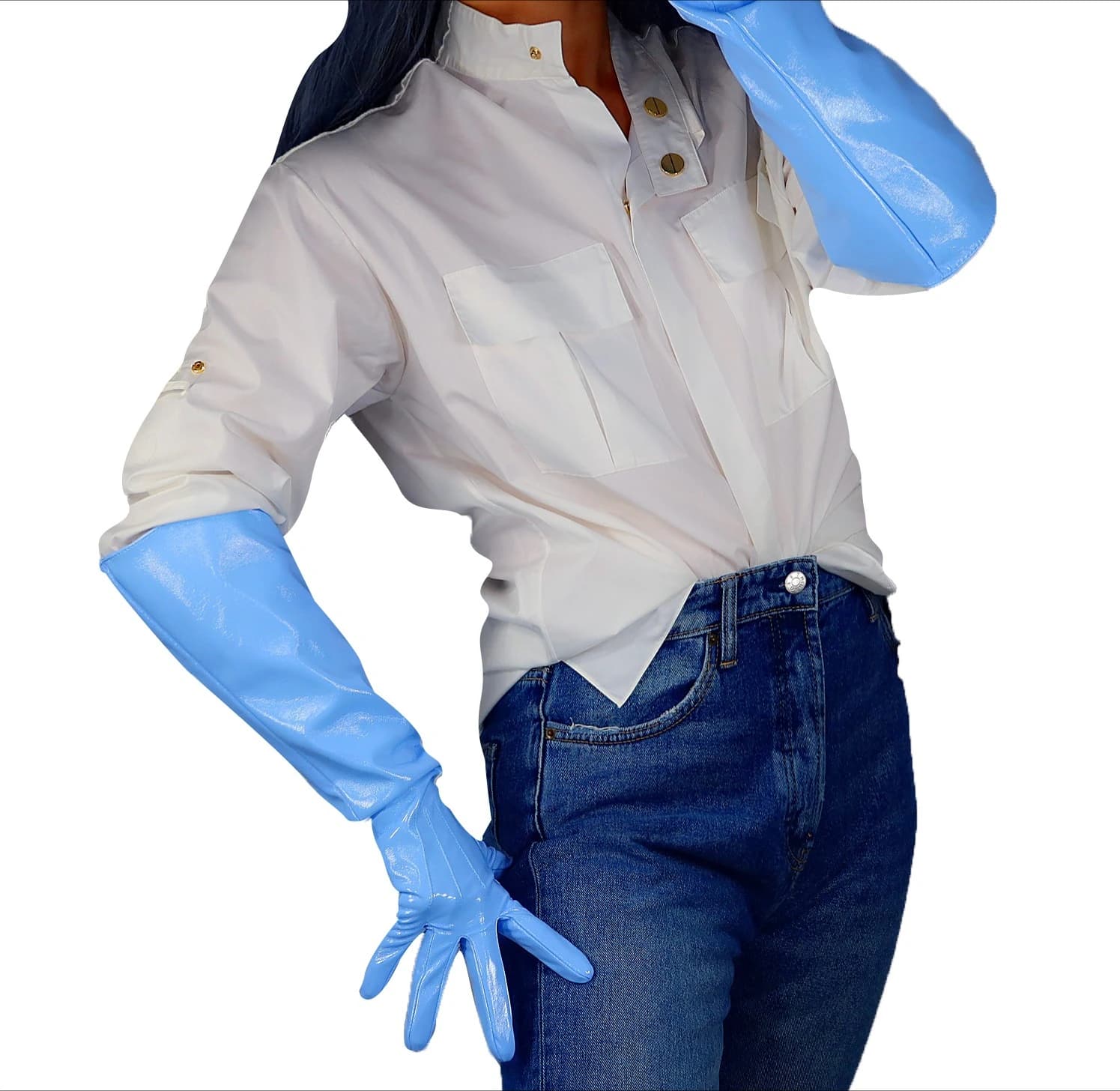 DooWay Guanti a sbuffo BLU IN POLVERE unisex 50 cm Gomito lungo LATTICE Effetto bagnato Ecopelle Costume di moda Cosplay Guanto di Halloween