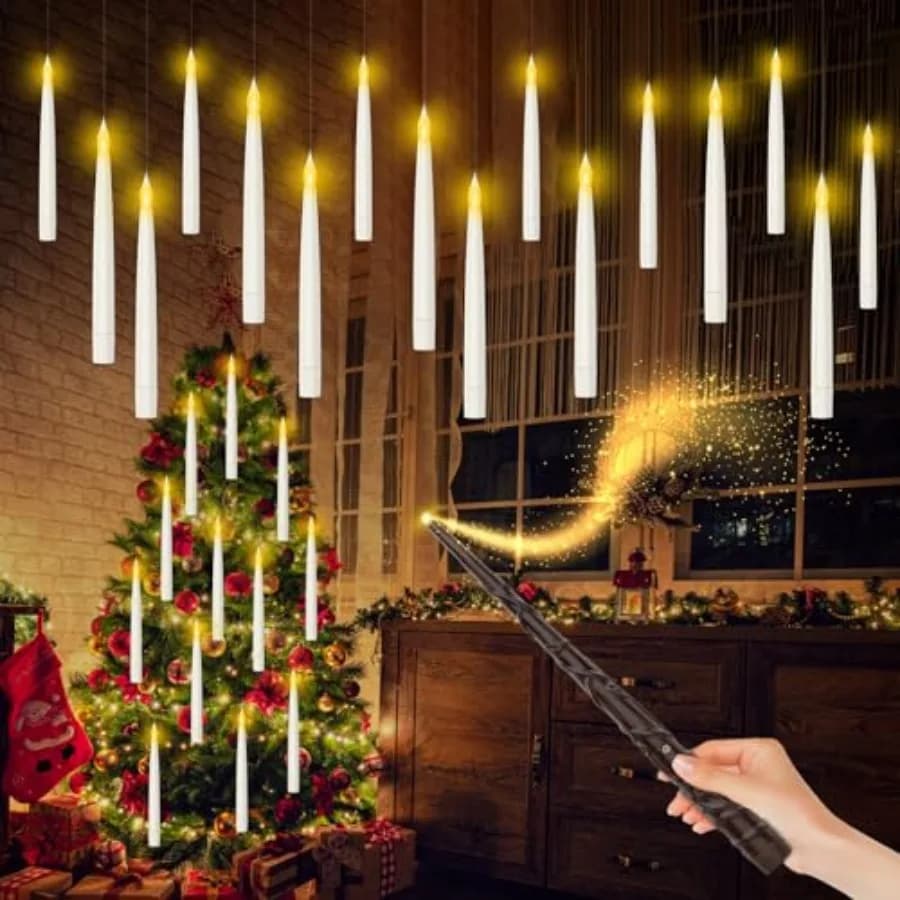 Decorazioni natalizie, candele galleggianti senza fiamma con telecomando a bacchetta magica, 12 candele a LED affusolate alimentate a batteria.
