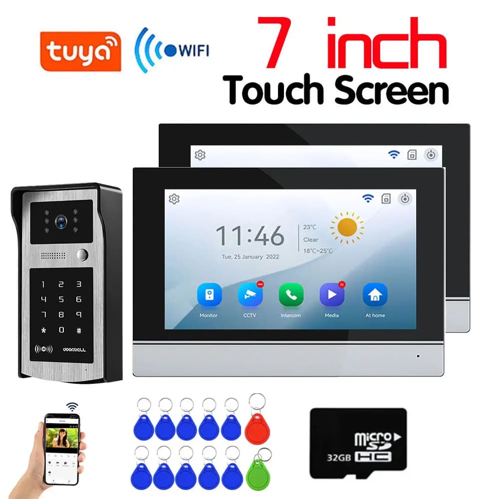 Video intercom system for Home 1080P TUYA, 4-wire video intercom with App, IC card unlocking and PIN, with 2 7-inch LCD screens, Smart support