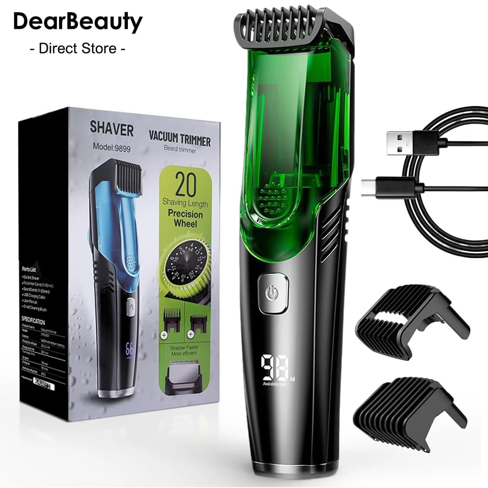 Barba Trimmer sottovuoto da uomo: IPX7 impermeabile, elettrico ricaricabile, pettine a lunghezza regolabile, aspirazione integrata per ceppo.