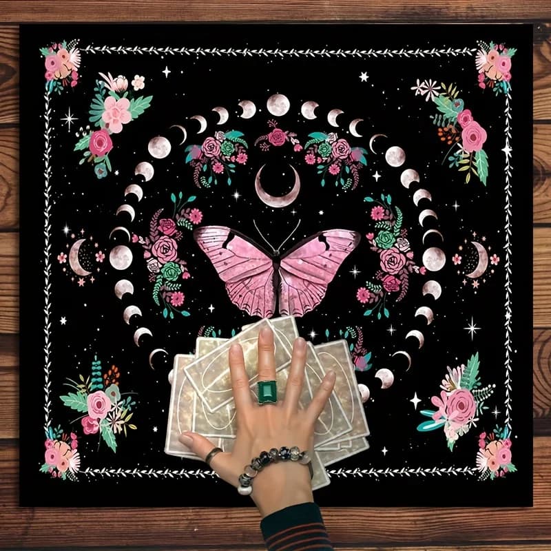 Tovaglia per Altare con Pendolo delle Fasi Lunari, Design Floreale con Farfalle Rosa, Telo per Lettura Tarocchi, Decorazione per Casa, Eventi e Feste