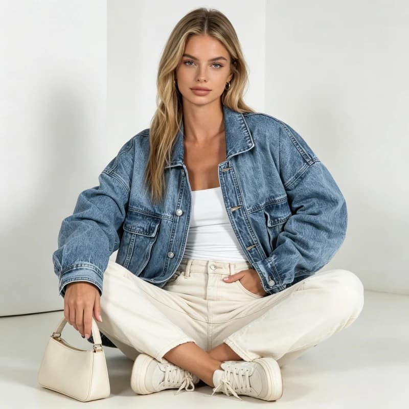 Giacca da Donna in Denim 2026 Autunno Vintage Lavato con Tasche Monopetto Collo Risvoltato Capospalla Streetwear