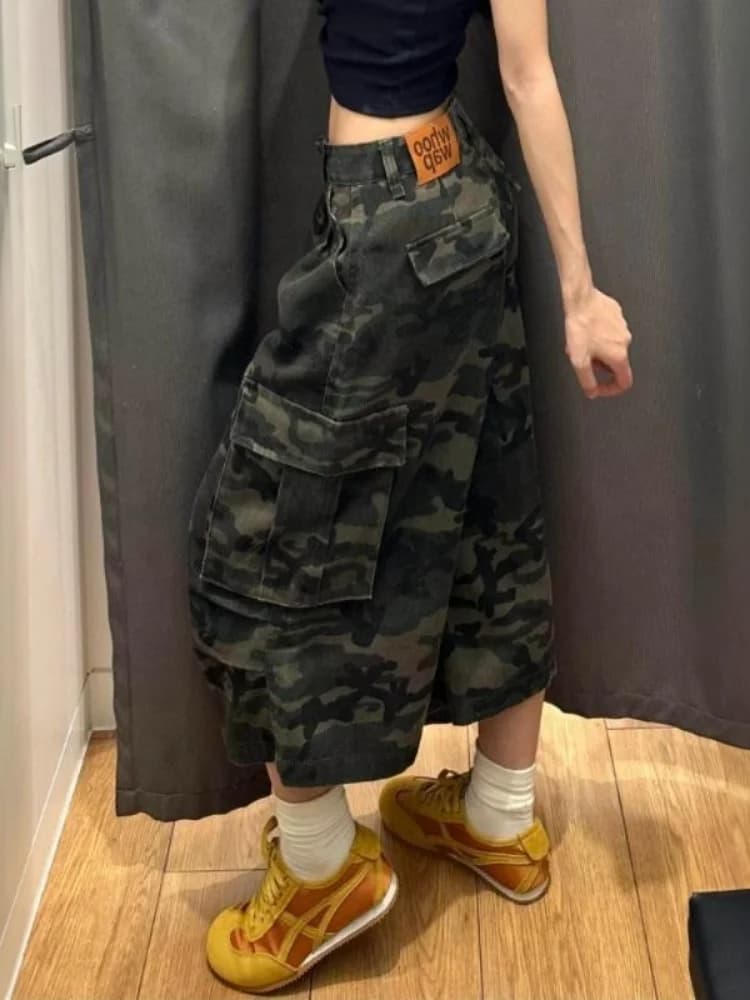 American Style Street Retro Camouflage Seven-Foot Women's Jeans Summer Loose Wide Leg Pants Trendy plus Size Conceal Meat