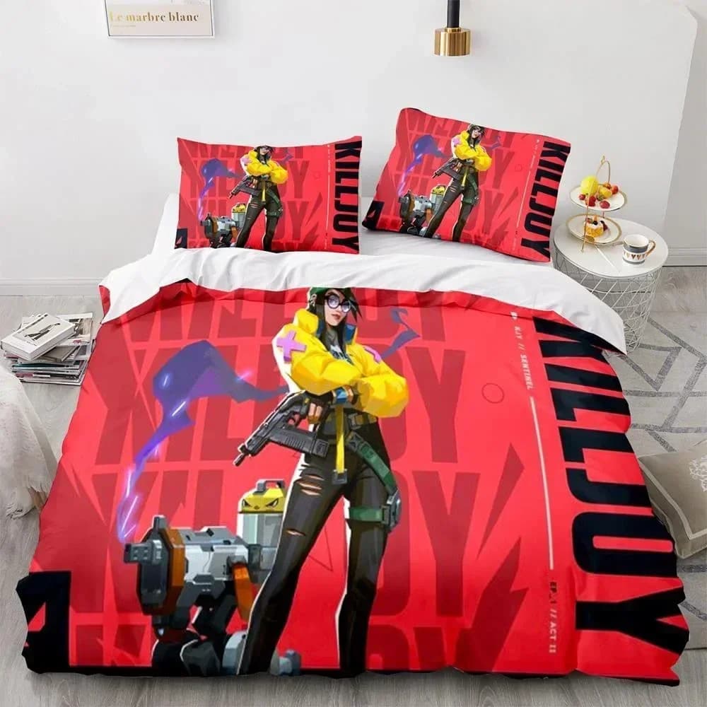 Set di Biancheria da Letto Valorant Neon, Copripiumino Stampato, Set Completo con Federe, per Letto Matrimoniale, Queen o King Size