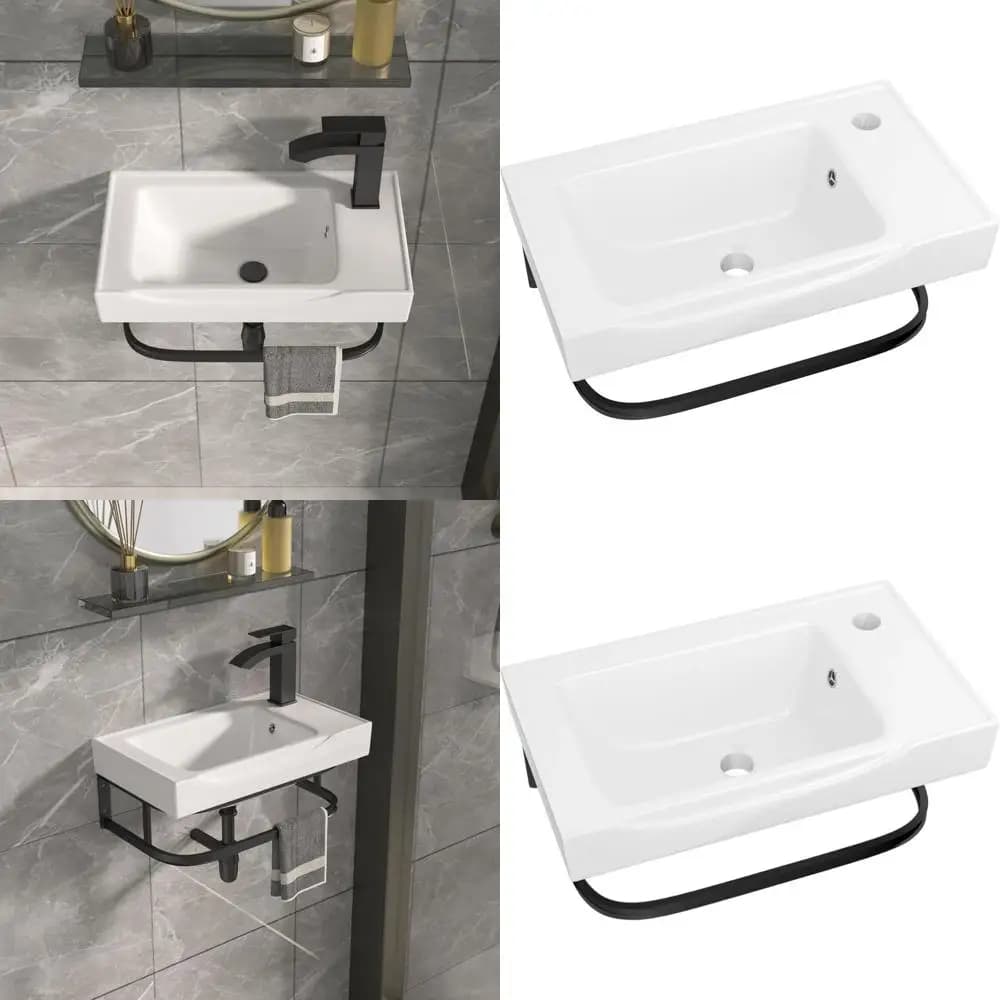 Lavabo Sospeso a Parete con Porta Asciugamani, Lavabo in Ceramica Bianca 19.69x11.42