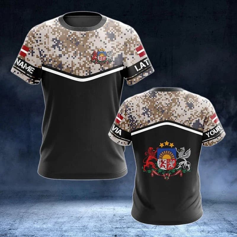 Customized Name Latvia Camouflage Tees Summer Casual Streetwear Men's Wide T-shirt Boy Outfit Sports Clothing Oversize Short Sleeve Mesh