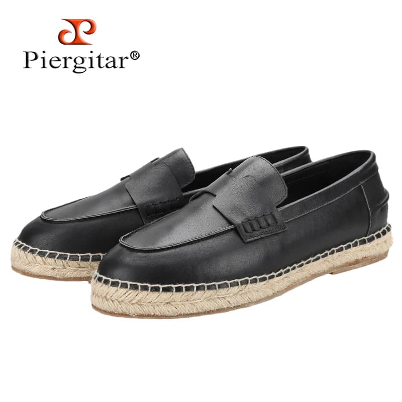Piegitar espadrillas da uomo in vera pelle nera con striscia orizzontale "H" scarpe da pescatore fatte a mano suola spessa in corda rialzata