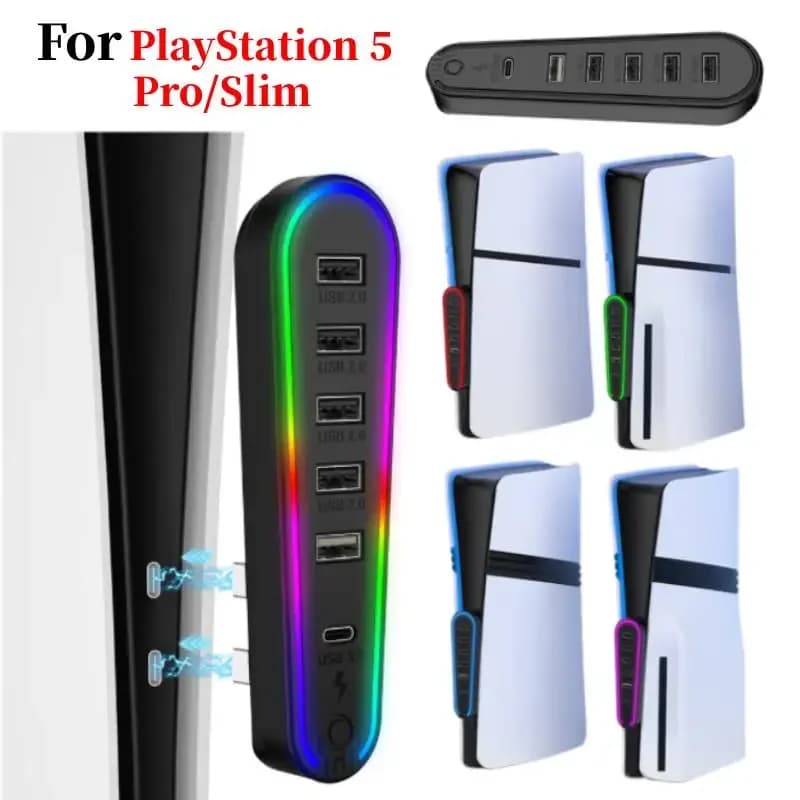Hub USB 6 in 1 per PS5 Slim/Pro, Adattatore di Espansione per Controller con 5 Luci RGB JYS-P5231